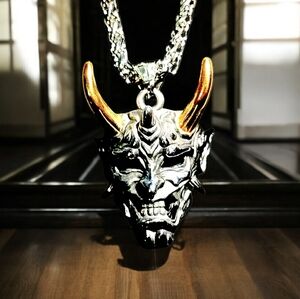 NEW Stainless Steel Silver and Gold Oni Mask Pendant Necklace